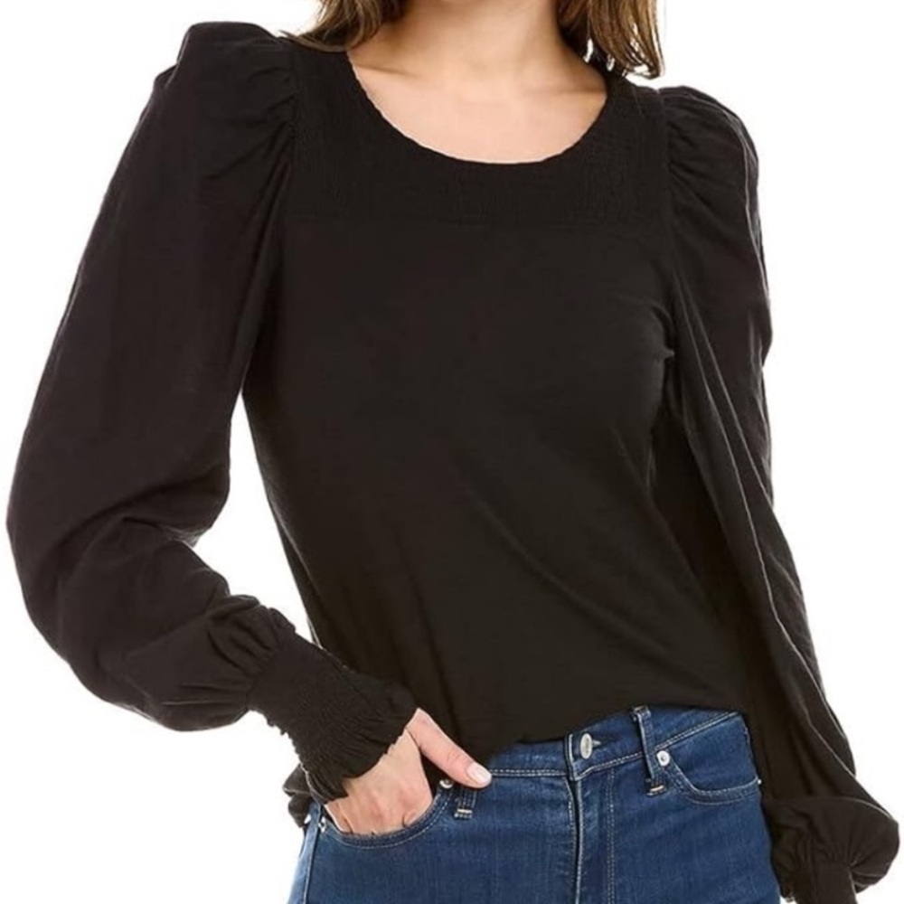 Nation LTD Abigail Festival Black Pima Cotton Long Puff Sleeve Top size XS